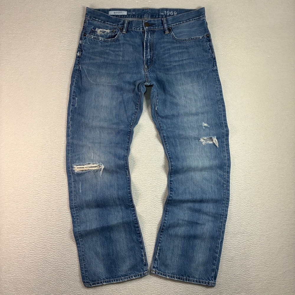 Gap Bootcut Jeans Men 35x32 Blue Faded Whiskered Denim 1969 Western Casual